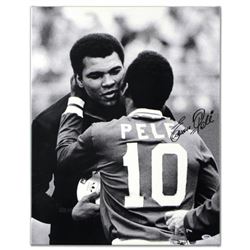 "Pele & Ali Hug" Autographed Print on Gallery Wrapped Canvas, Hand Signed by Legendary Brazilian Foo