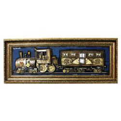 Zaza Koreli, "Vintage Train" Hand Signed Original Mixed Media on Wood; Framed; COA
