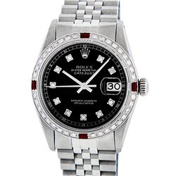 Rolex Mens Stainless Steel Black Diamond & Ruby Datejust Wristwatch