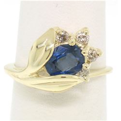 14K Solid Yellow Gold 1.14 ctw Oval Sapphire Blooming Flower Ring Diamond Accent