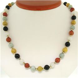 14K Yellow Gold 24" Long Multi Colored 8.5mm Round Jade Bead Strand Necklace