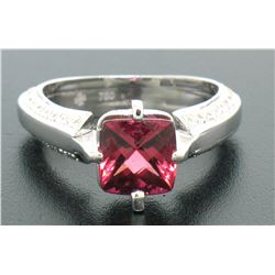 18k White Gold Cushion Rubellite Tourmaline Ring w/ 0.79 ctw Pave Fine Diamonds