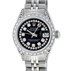 Rolex Ladies Stainless Steel 26MM Black Diamond Lugs Datejust Wristwatch