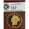 Image 2 : One Troy Ounce .999 Silver Gold Plated USA Twenty D Coin. COPY of 1849 Dollar