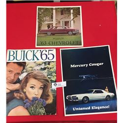 3 1960's Car Advertising Pamphlets 1965 Buick,1963 Chevrolet, 1967 Mercury Cougar