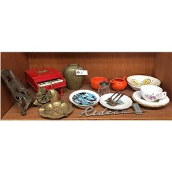 Shelf Lot of Vintage Brass Vase, Ashtray, Doorknocker, Dishes, Kids Toy Piano