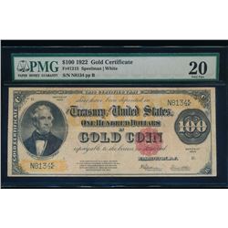 1922 $100 Gold Certificate PMG 20