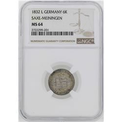 1832 Germany Saxe-Meiningen Bernhard II 6 Kreuzer Coin NGC MS64