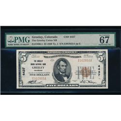 1929 $5 Greeley National Bank Note PMG 67