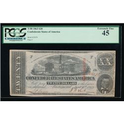 1863 $20 Confederate States of America Note PCGS 45