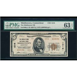 1929 $5 Middletown National Bank Note PMG 63EPQ