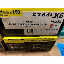 4 Wheel Installation Kits, 14mm x 1.50 & 14mm x 2.00, 1 Box with Misc. Wheel Weights and Stems, Bead