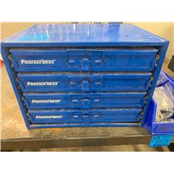 1 - 4 Compartment Parts Bin  (ProFasteners) with Assorted Nuts, Bolts, Screws, Washers, Lawson Hose 