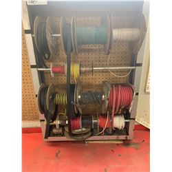 4 Compartment Part Bin with Screws, Hose Clamps, Rivets, Grease Fittings, Wire Roll Display Rack