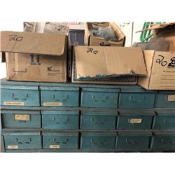 bins full of Asstd. nuts, screws, bolts, cap screws, Asstd.; roll of plastic