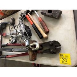 Asstd. hand tools including bolt cutters, sledge hammer, hammers, crow bars