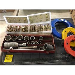 Socket wrench set (missing pieces); square; 3 spools fish tape; 2 cases of Asstd. hitch pins