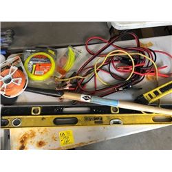 Levels; Sidewalk scraper; trimmer line; 1- 6 outlet power bar; 2 sets of booster cables