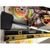 Image 5 : Levels; Sidewalk scraper; trimmer line; 1- 6 outlet power bar; 2 sets of booster cables