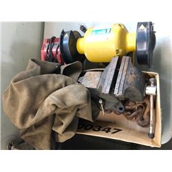 6" bench grinder; Milwakee M18 charger. Makita DC18RA charger; vice, chains, Gander Brand suede coat