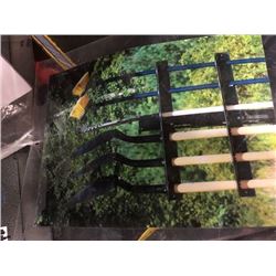 5 lawn mower blades; shovel holder
