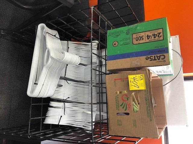 wire shelving rack, coat hangers, CAT5e riser cable