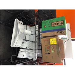 wire shelving rack, coat hangers, CAT5e riser cable