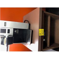 Small brown table/shelf with Keurig