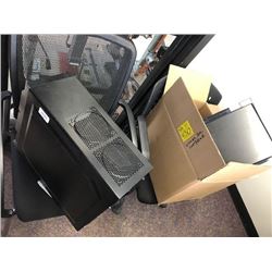 2 black chairs, computer, monitor, cables