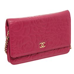 Chanel Magenta Lambskin Leather Camellia Wallet On Chain WOC Bag