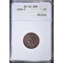 1908-S INDIAN CENT ANACS MS-63 BN