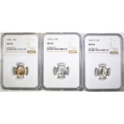 1946, 47-D & 47-S ROOSEVELT DIMES, NGC MS-66