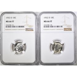 1952-D & 53-D ROOSEVELT DIMES, NGC MS-66 FT
