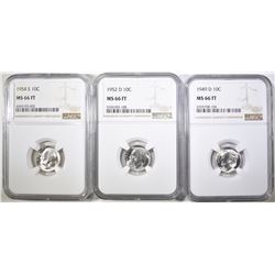 1949-D, 52-D & 54-S ROOSEVELT DIMES, NGC MS-66 FT
