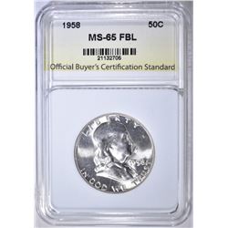 1958 FRANKLIN HALF DOLLAR, OBCS GEM BU FBL