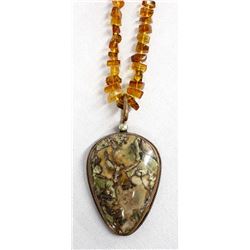 Amber Bead and Copper Variscite Pendant Necklace