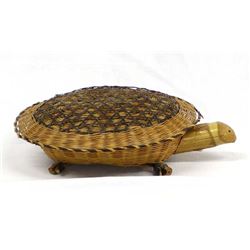 Vintage Asian Lidded Wicker Turtle Basket