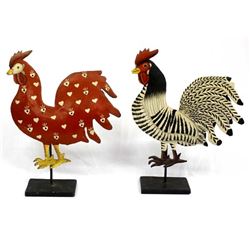 2 Hand Painted Metal Folk Art Roosters
