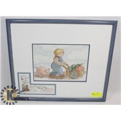 FRAMED MATTED NEEDLE ART FARMING PICTURE