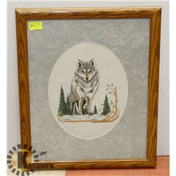 FRAMED MATTED NEEDLE ART WOLF PICTURE