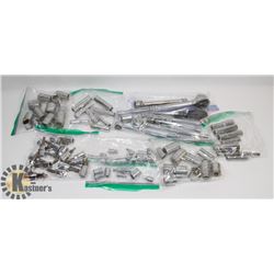 FLAT OF ASSORTED SOCKETS, RATCHETS, EXTENSIONS,