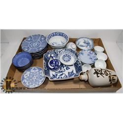 MIXED ASIAN DISHWARE AND SERVING ITEMS.