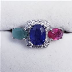 SILVER SAPPHIRE EMERALD RUBY W/ CZ RING