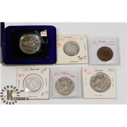 LOT OF 6  CANADA COINS, 1975 $1, 1859 LARGE PENNY,