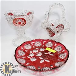 3PC CRANBERRY CRYSTAL GLASSWARE.