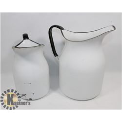 PAIR OF WHITE ENAMEL PITCHERS
