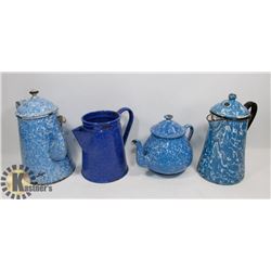 BOX OF ENAMEL COFFEE & TEA POTS