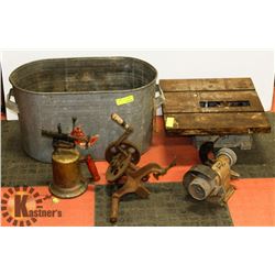 VINTAGE TABLE SAW, GALVANIZED TUB, TORCH,