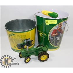 TWO JOHN DEERE COLLECTIBLE METAL BUCKETS WITH