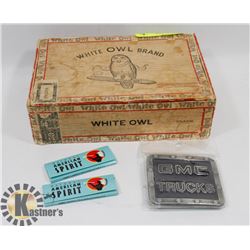 OLD WHITE OWL CIGAR BOX WITH ROLLING PAPERS AND